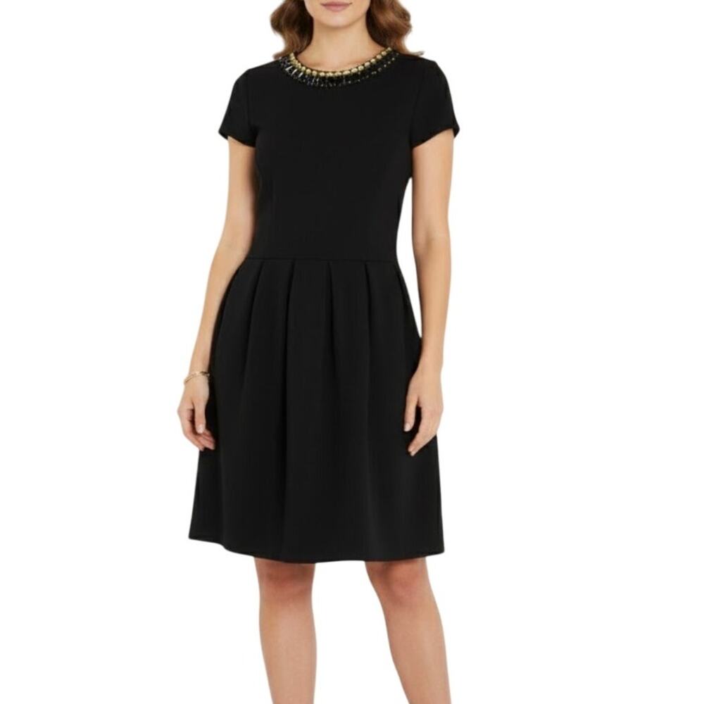 Macy's One Clothing Black Fit and Flare Mini Dress Rhinestone Jewel Collar Med
